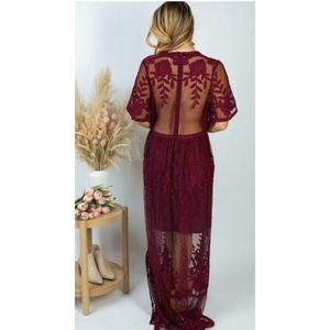 Can't Resist Burgundy Embroidered Mesh Maxi Dress size XL